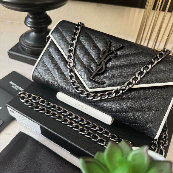 SOLD - 💎Authentic YSL Saint Laurent Chevron Monogram Flap Wallet w/Chain - Picture 4 of 16